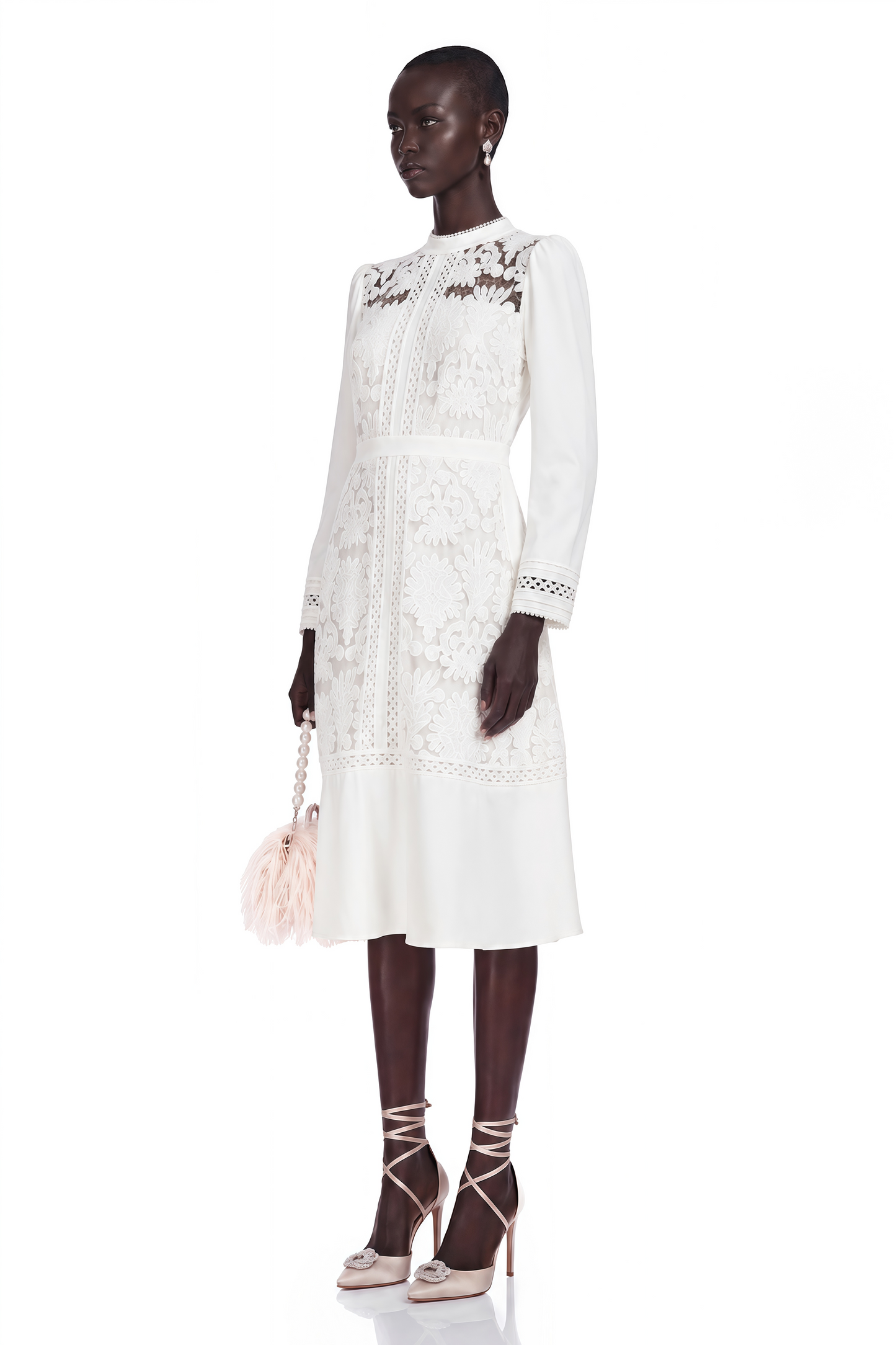 Madeleine White Paneled Embroidered Midi Dress