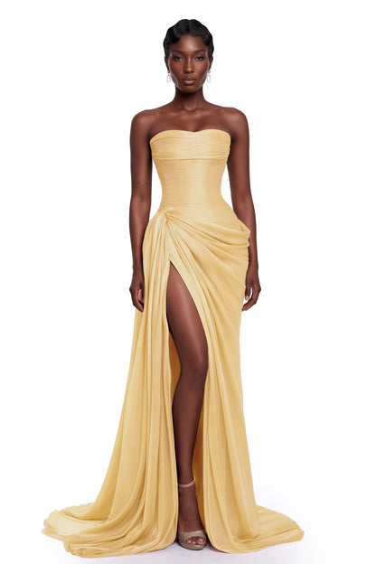 Querubina Yellow Asymmetrical Ruched Maxi Dress