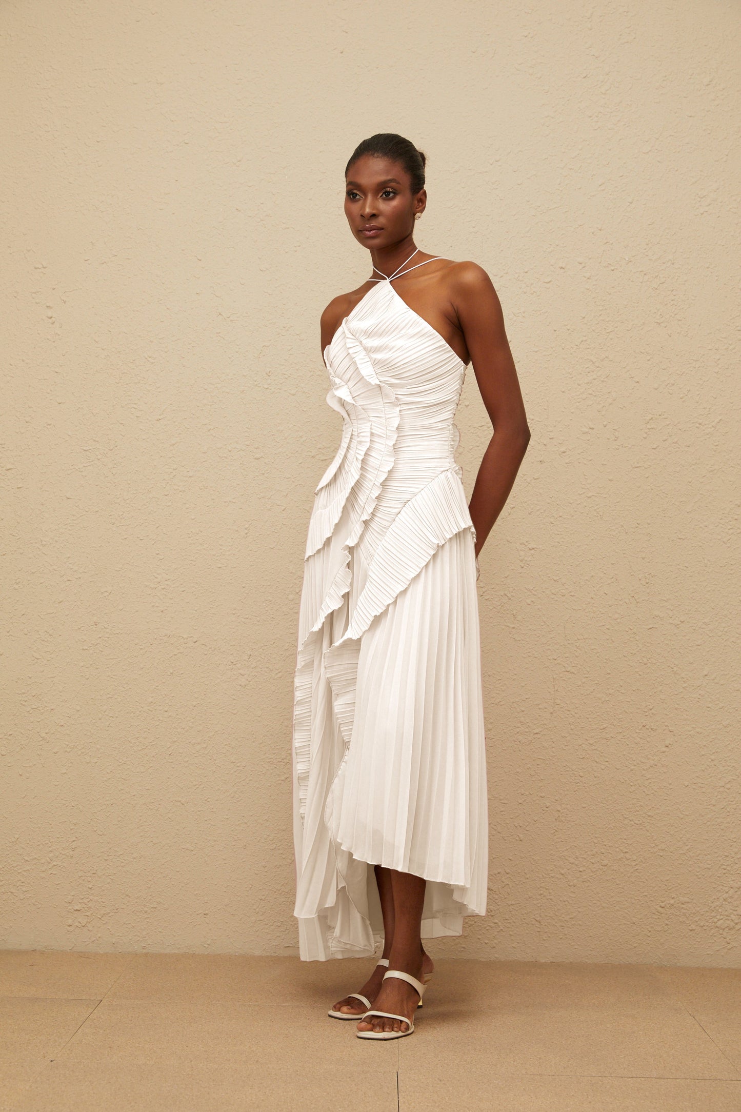 Doux White Ruffled Trim Pleated Midi Dress