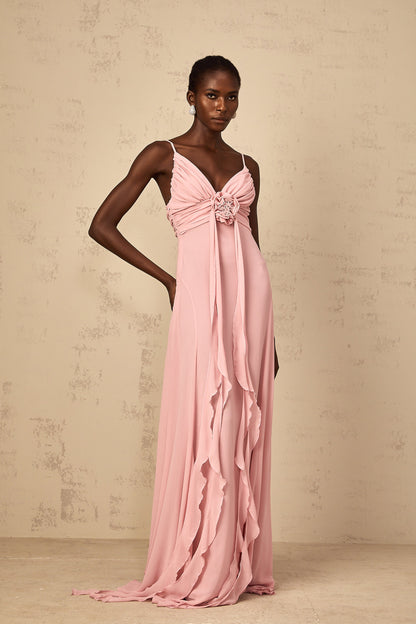 Ysandre Soft-Pembe 3D Petal Tül Uzun Elbise
