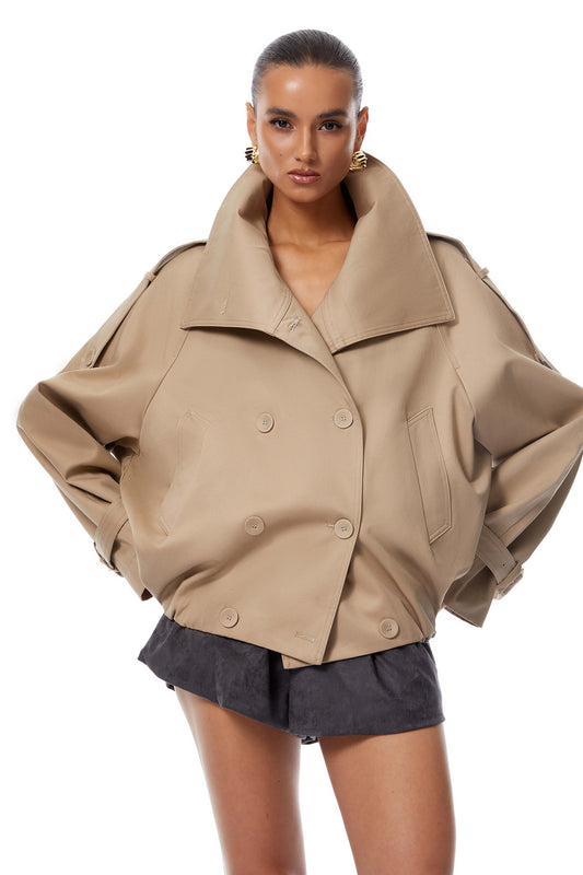 Eugenia Khaki Double-Breasted Short Trench Coat