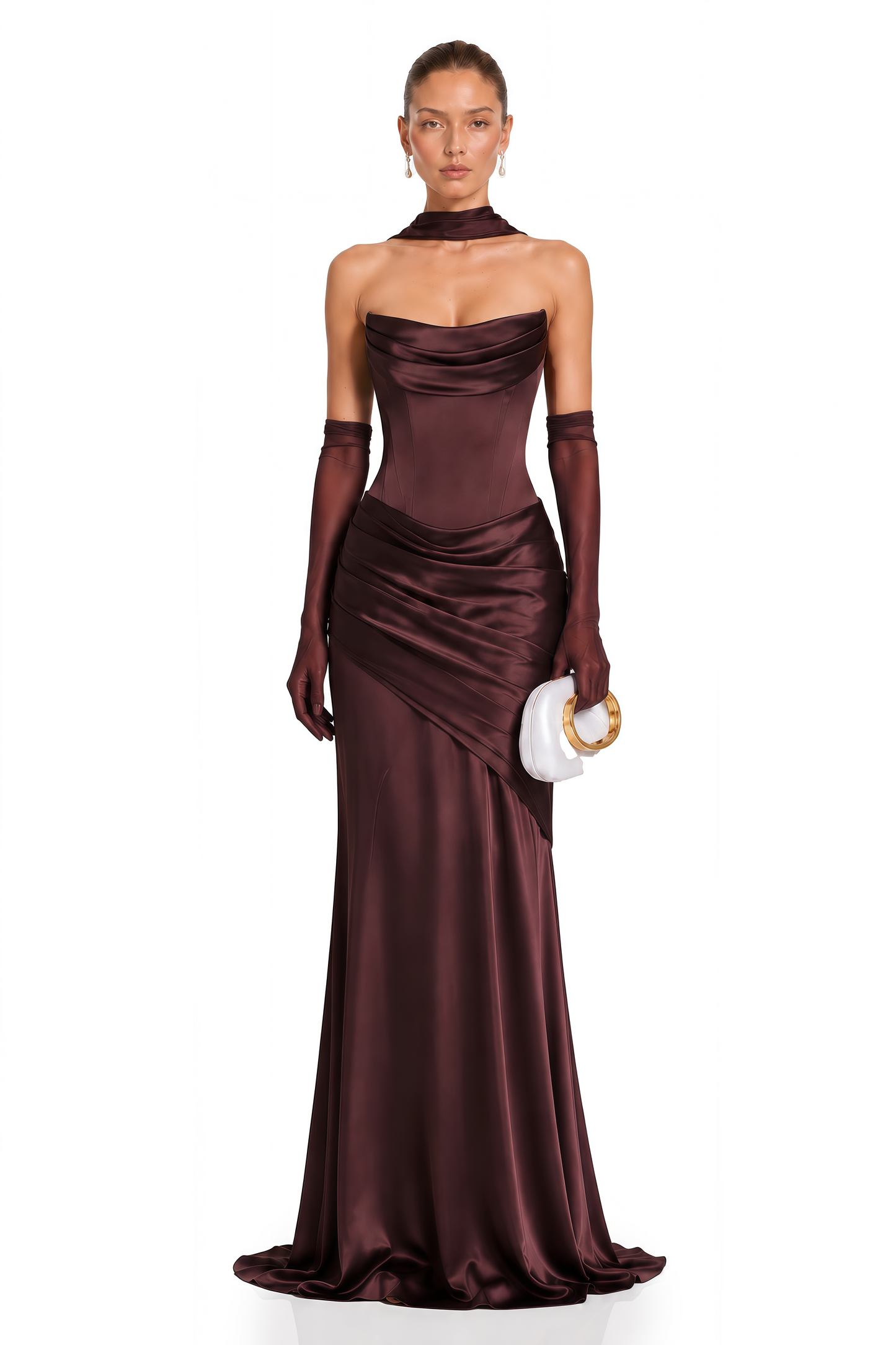 Marilou Brown Ruched Satin Maxi Dress