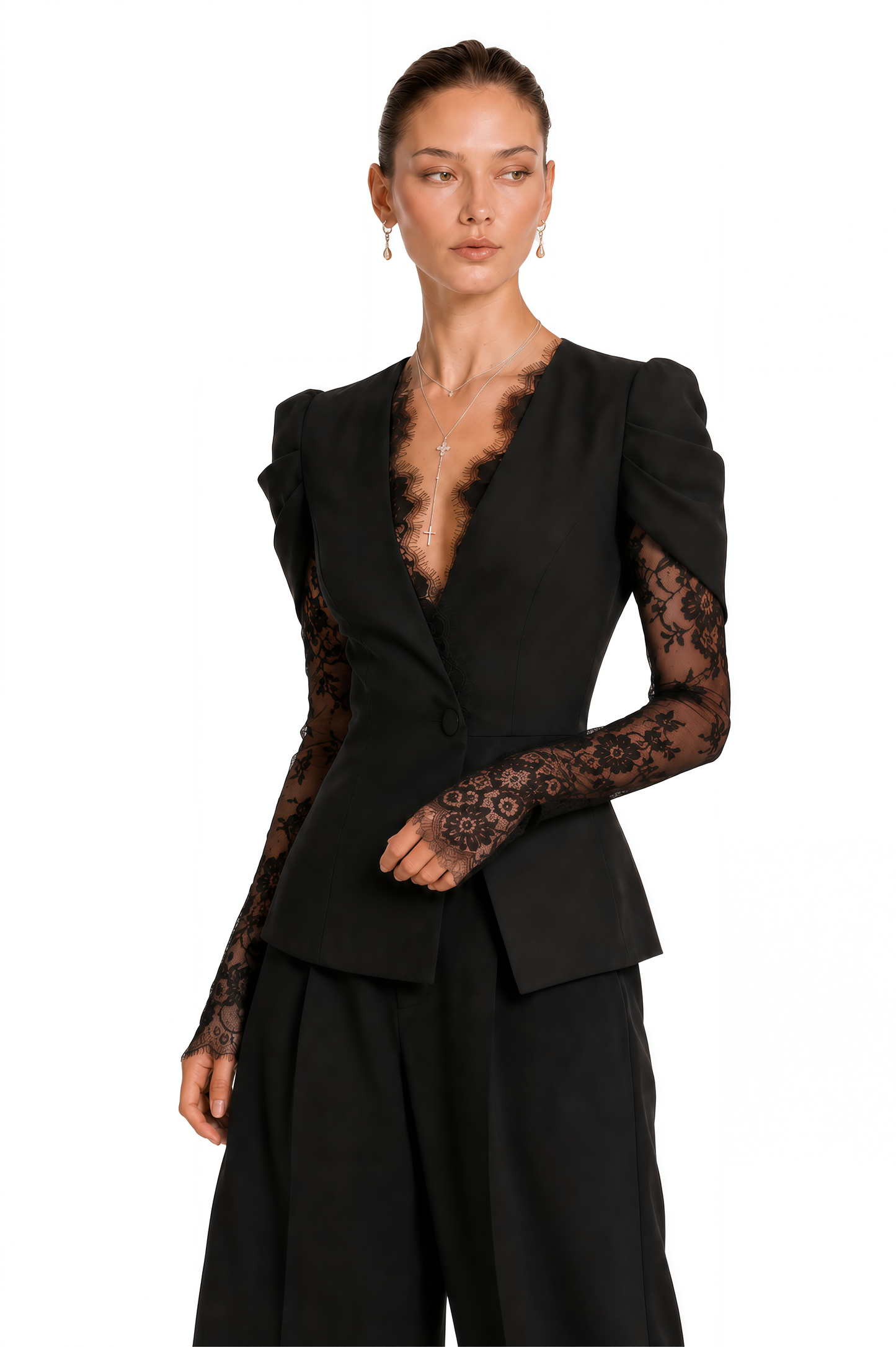 Saffron Black Collarless Blazer with Lace Trim