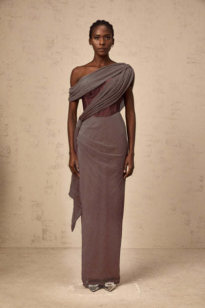 Delphine ribbon-design corset maxi dress in Brown