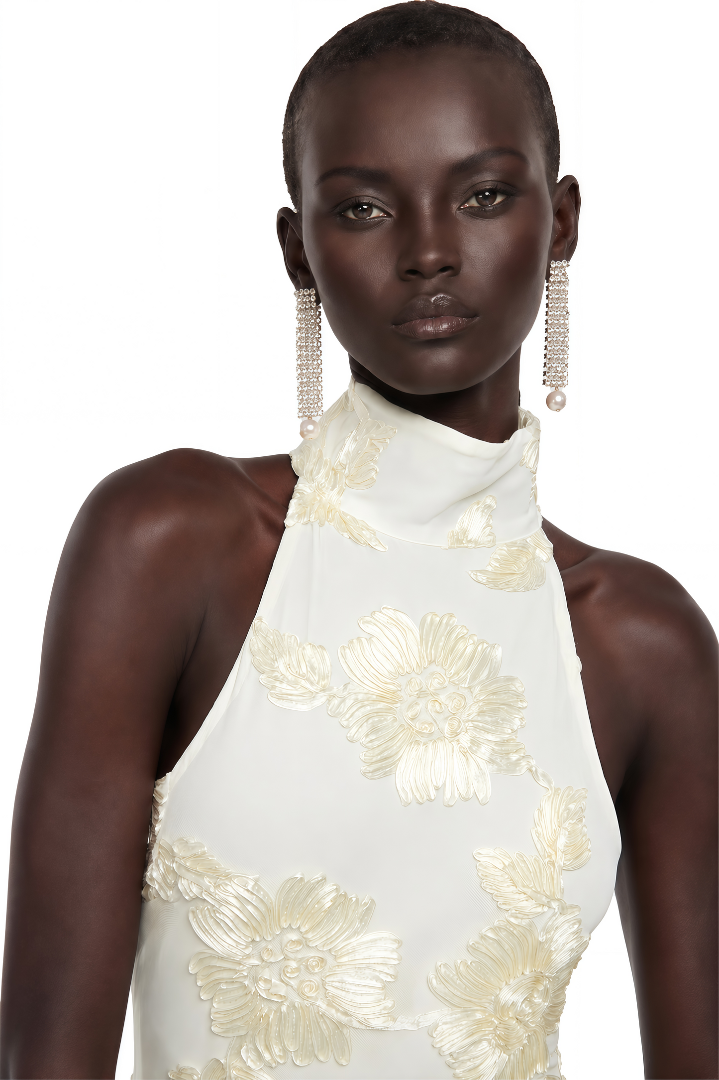 Théoline Neutral Asymmetrical Ruffled Floral Midi Dress