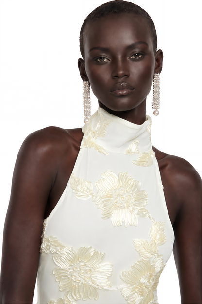 Théoline Neutral Asymmetrical Ruffled Floral Midi Dress
