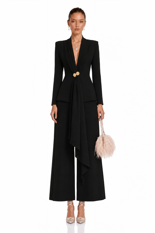 Suzanne Black Pleated Jacket & Trousers Matching Set