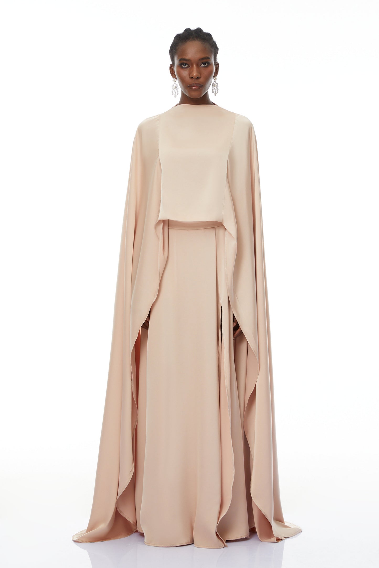 Everleigh Champagne Satin Top & Skirt Set With Cape Detail