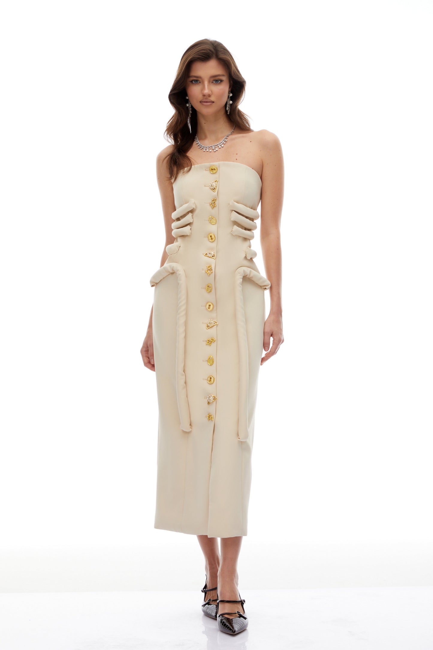 Thera Neutral Strapless Decorative Button Midi Dress