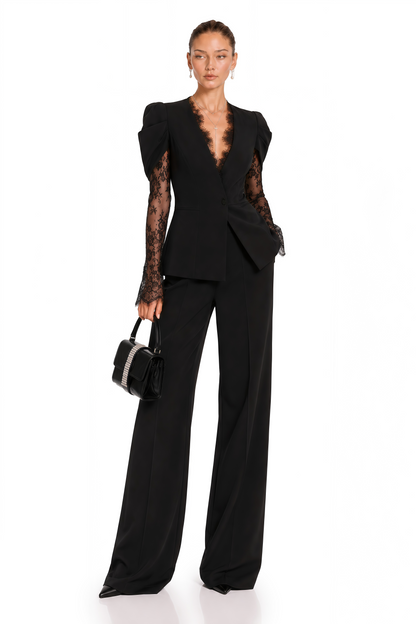 Saffron Black Collarless Blazer with Lace Trim