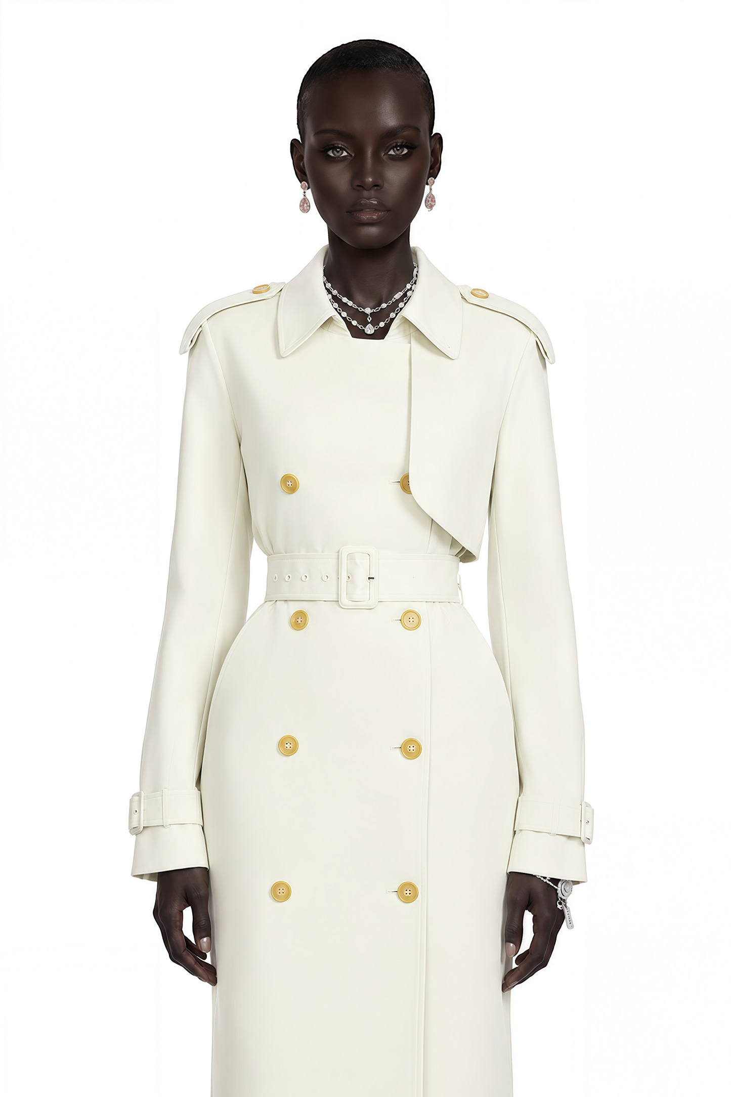 Bruyère White Double-Breasted Long Trench Coat