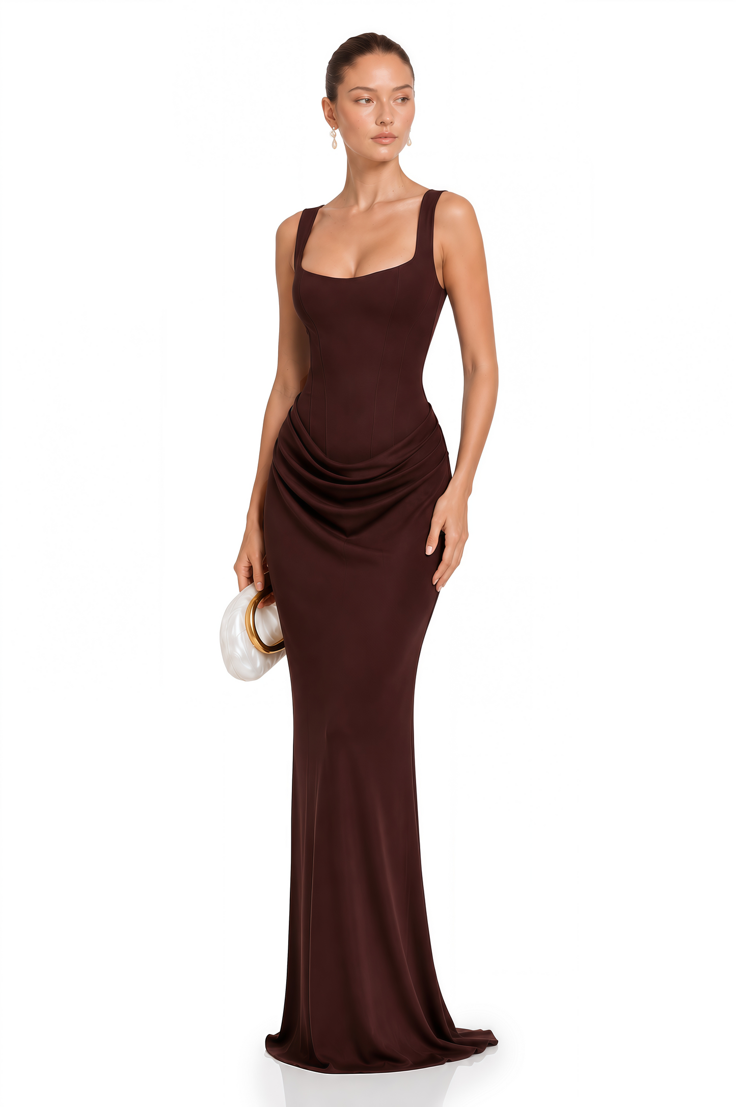 Paulette Brown Ruched Corset Maxi Dress