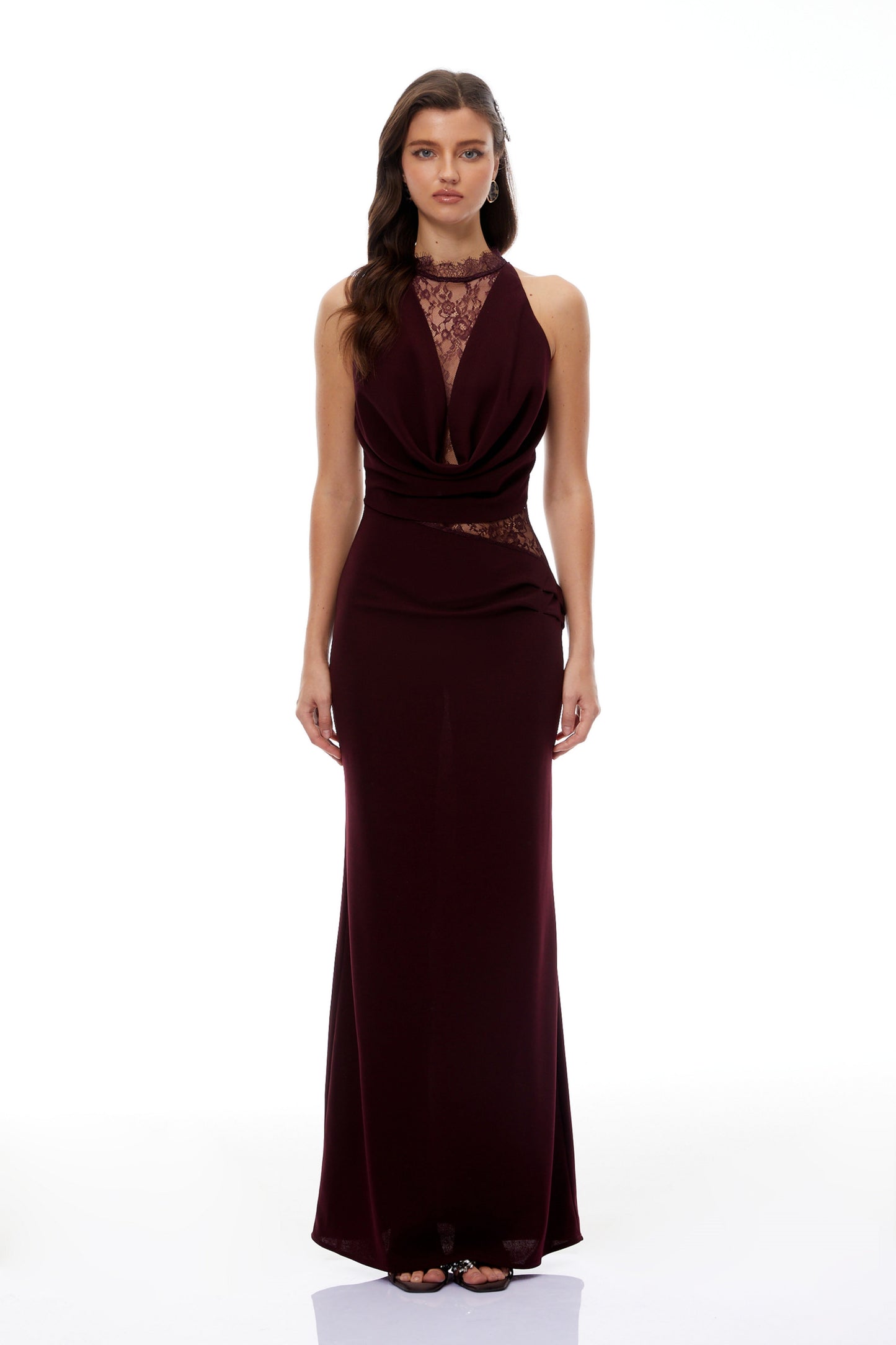 Gioconda Burgundy Halterneck Lace Panel Maxi Dress