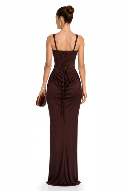 Paulette Brown Ruched Corset Maxi Dress