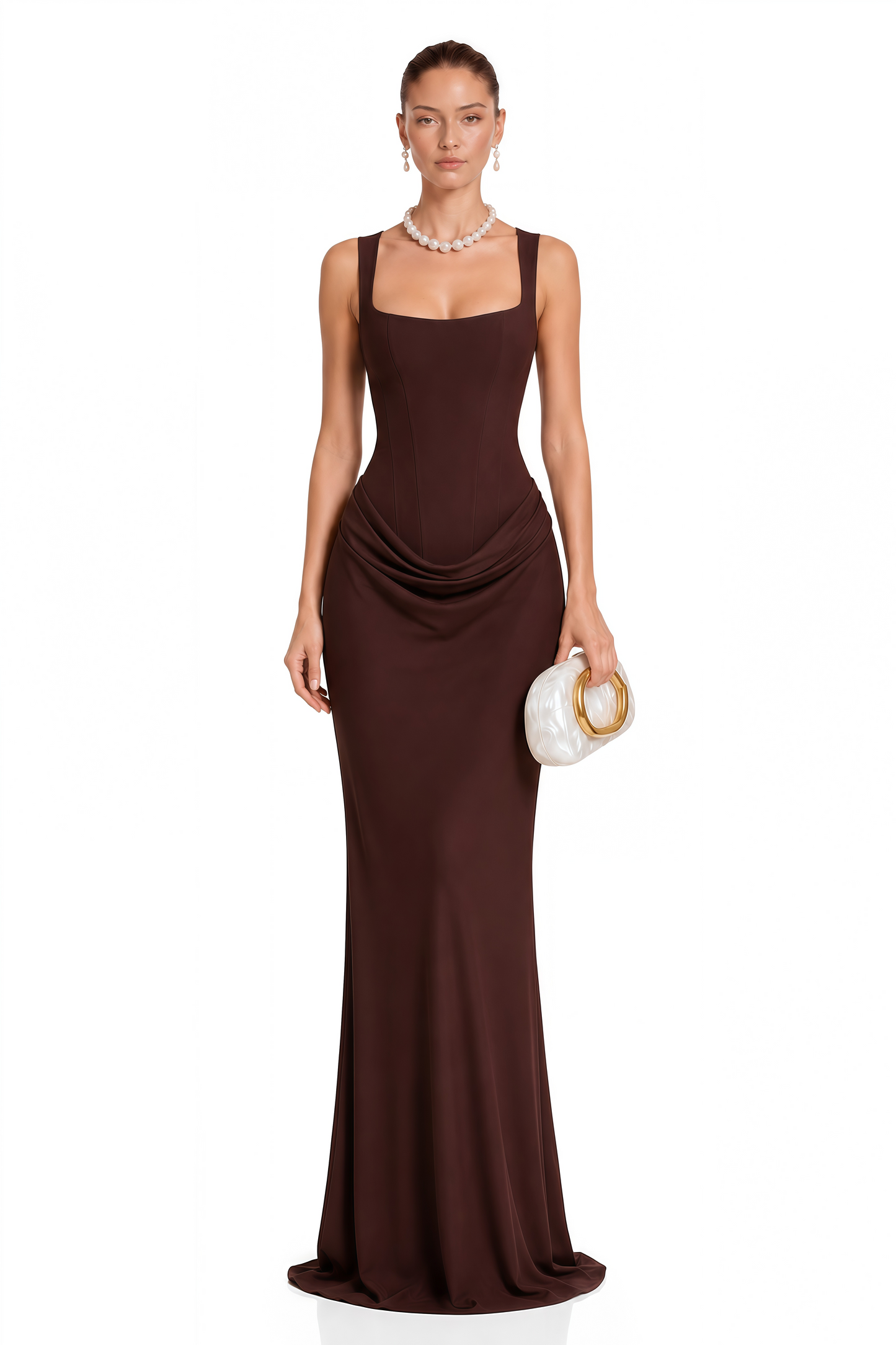 Paulette Brown Ruched Corset Maxi Dress