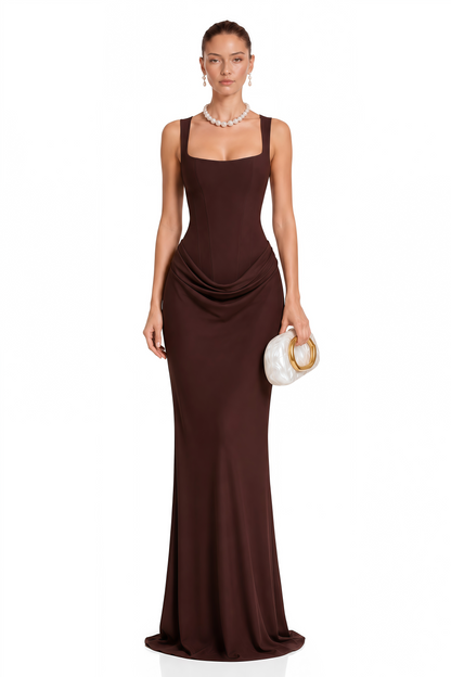 Paulette Brown Ruched Corset Maxi Dress