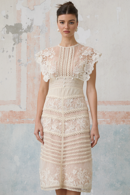 Neutrals Fleur çiçek işlemeli dantel midi elbise
