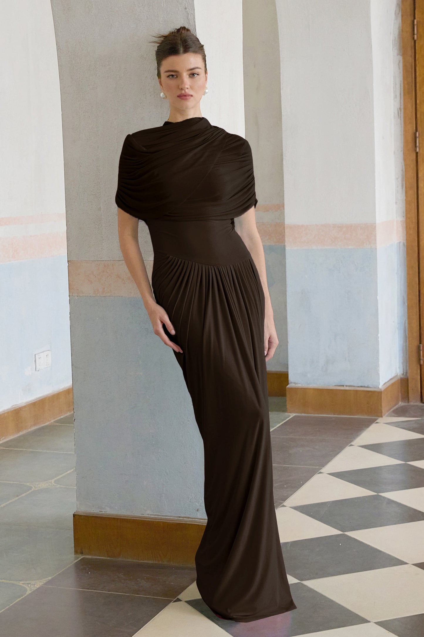 Catherine asymmetrical pleated maxi dress in Brown