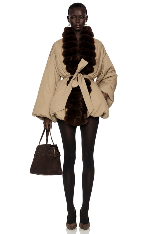 Ileana Khaki Fur Trim Bubble Down Jacket
