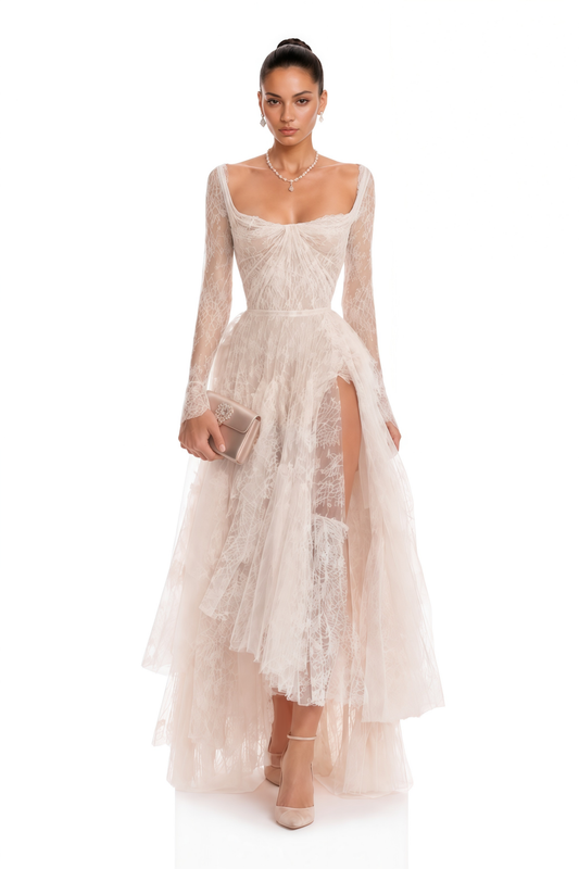 Aalto Neutral Lace Ruffled Maxi Dress with Slit