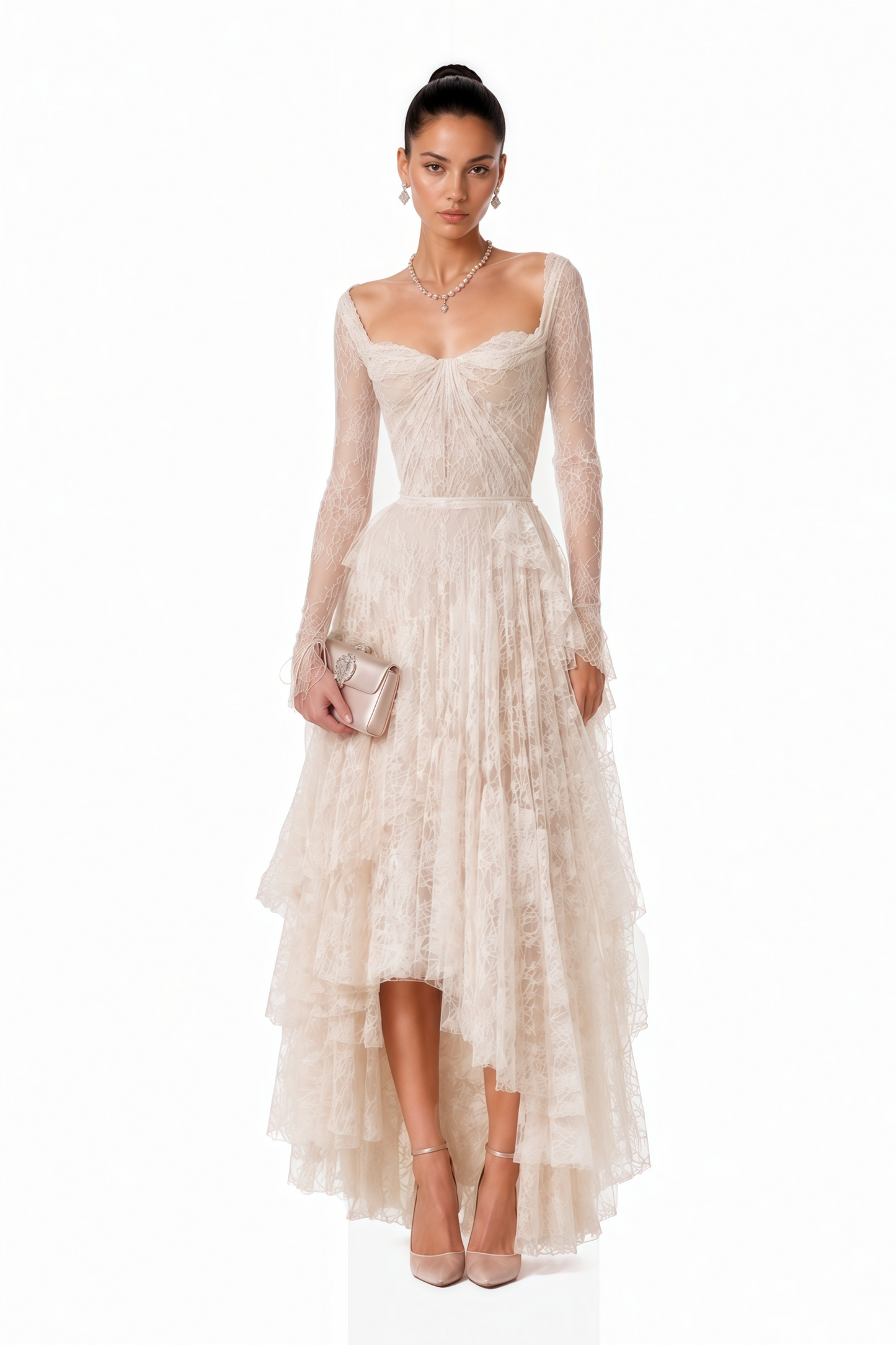 Aalto Neutral Lace Ruffled Maxi Dress with Slit