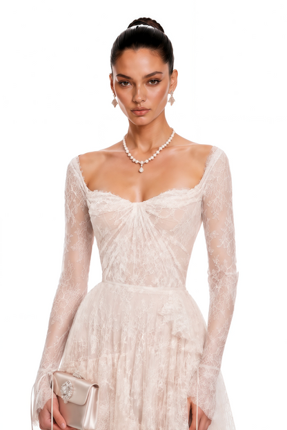 Aalto Neutral Lace Ruffled Maxi Dress with Slit