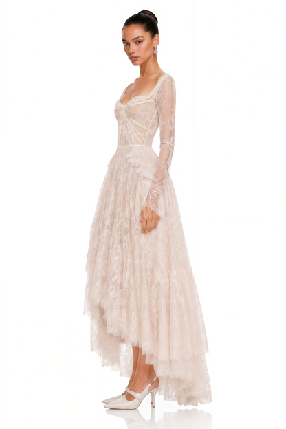 Aalto Neutral Lace Ruffled Maxi Dress with Slit