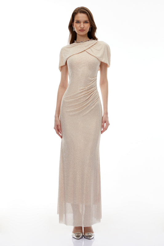 Abigail Champagne Cape Sleeve Rhinestone Maxi Dress