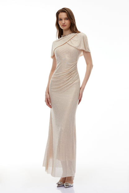 Abigail Champagne Cape Sleeve Rhinestone Maxi Dress
