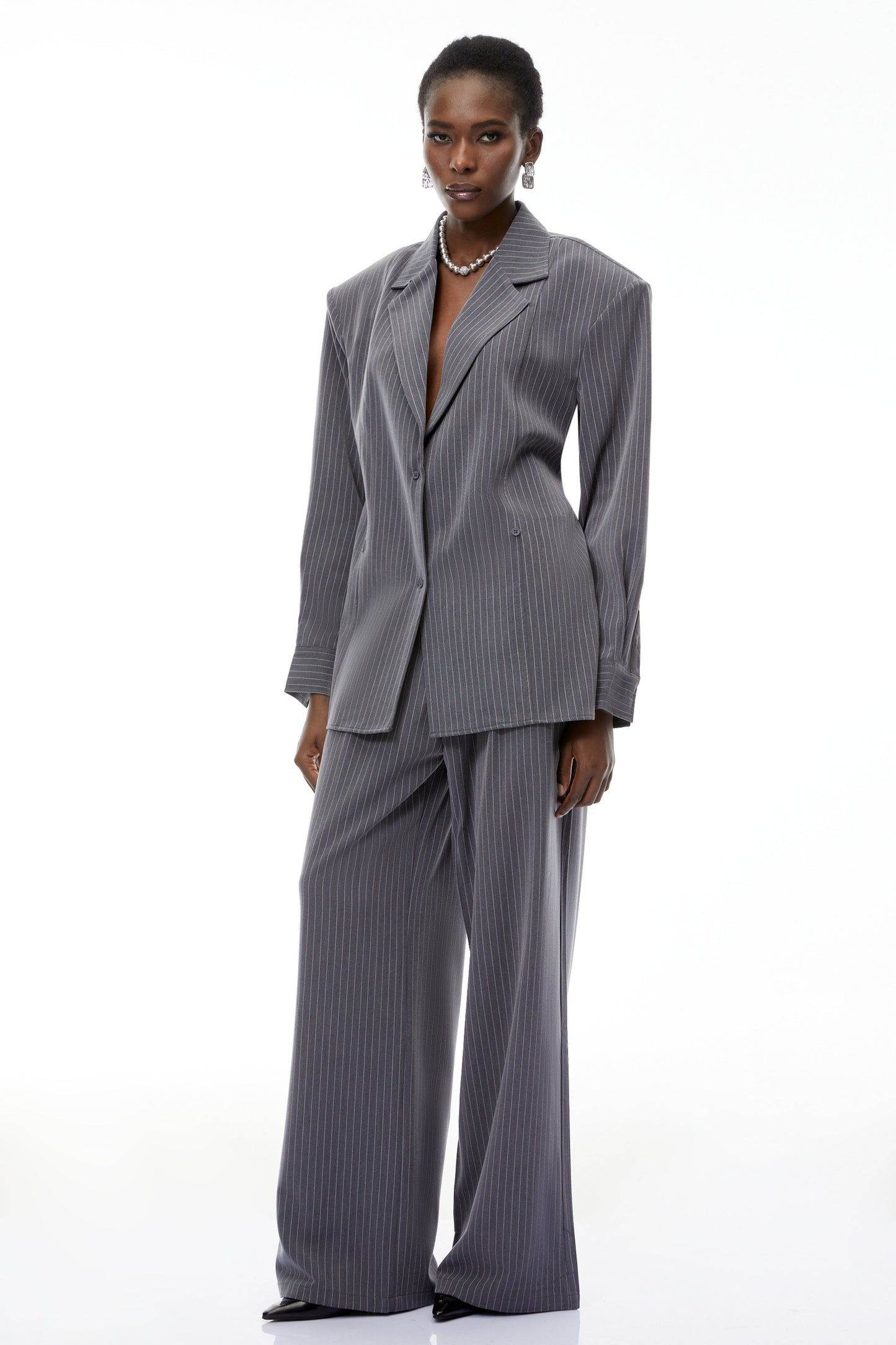 Abigail Grey Vertical Stripe Blazer & Trousers Set