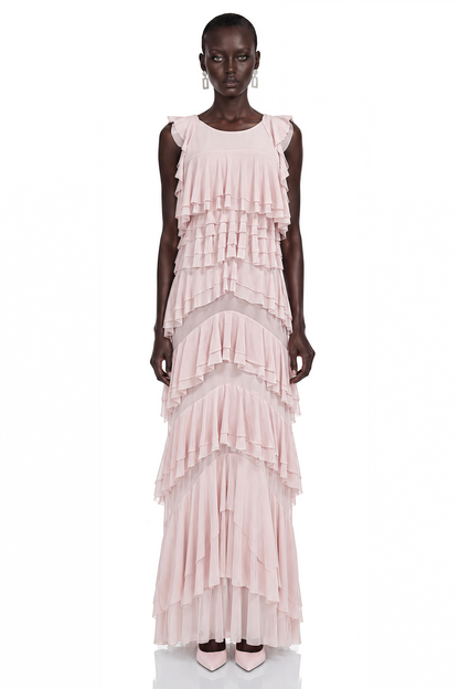 Adelaide Pink Ruffled Sleeveless Maxi Dress