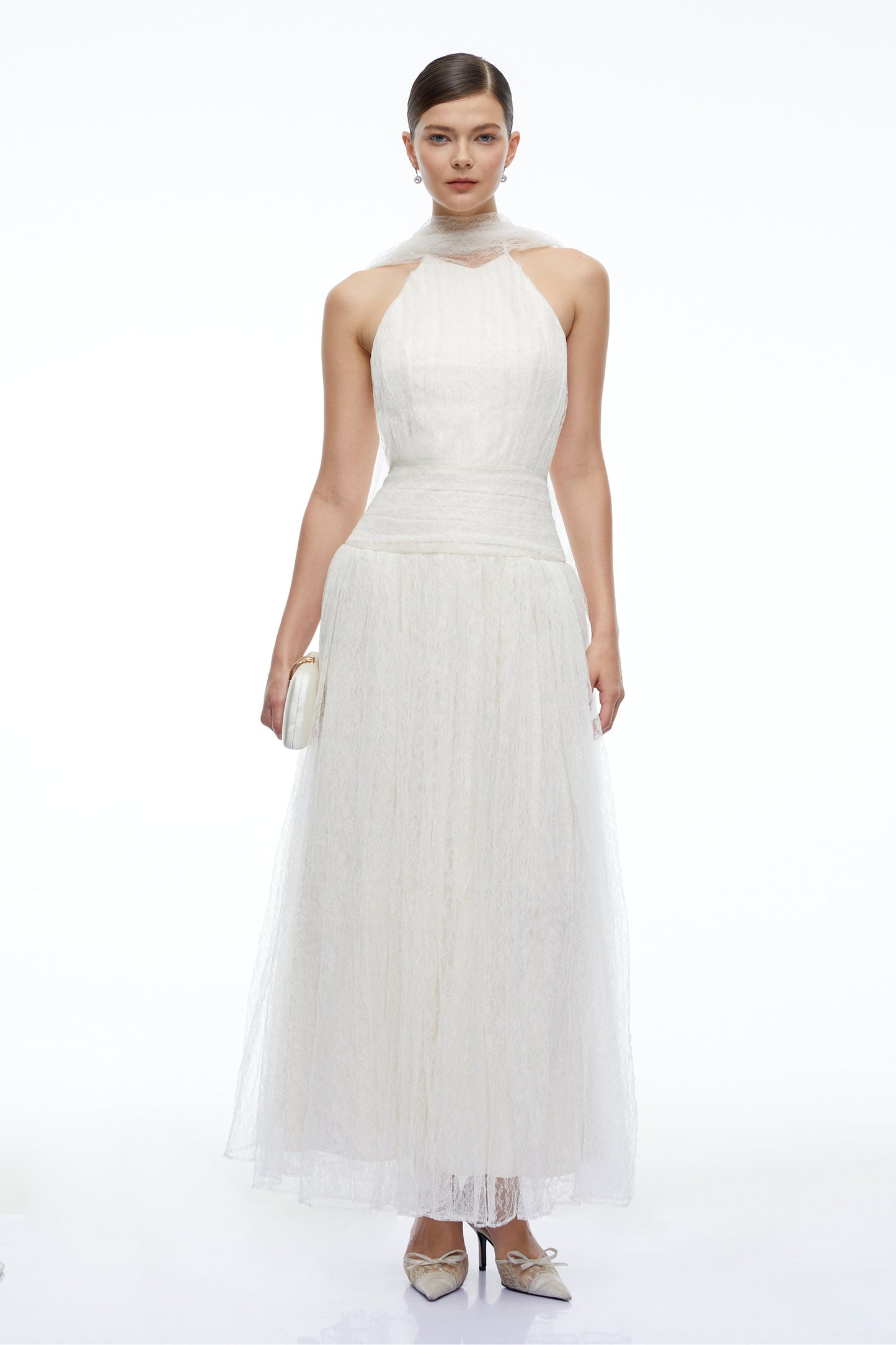 Charlotte Ivory Halterneck Lace Maxi Dress with Cape