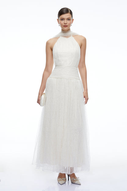 Charlotte Ivory Halterneck Lace Maxi Dress with Cape