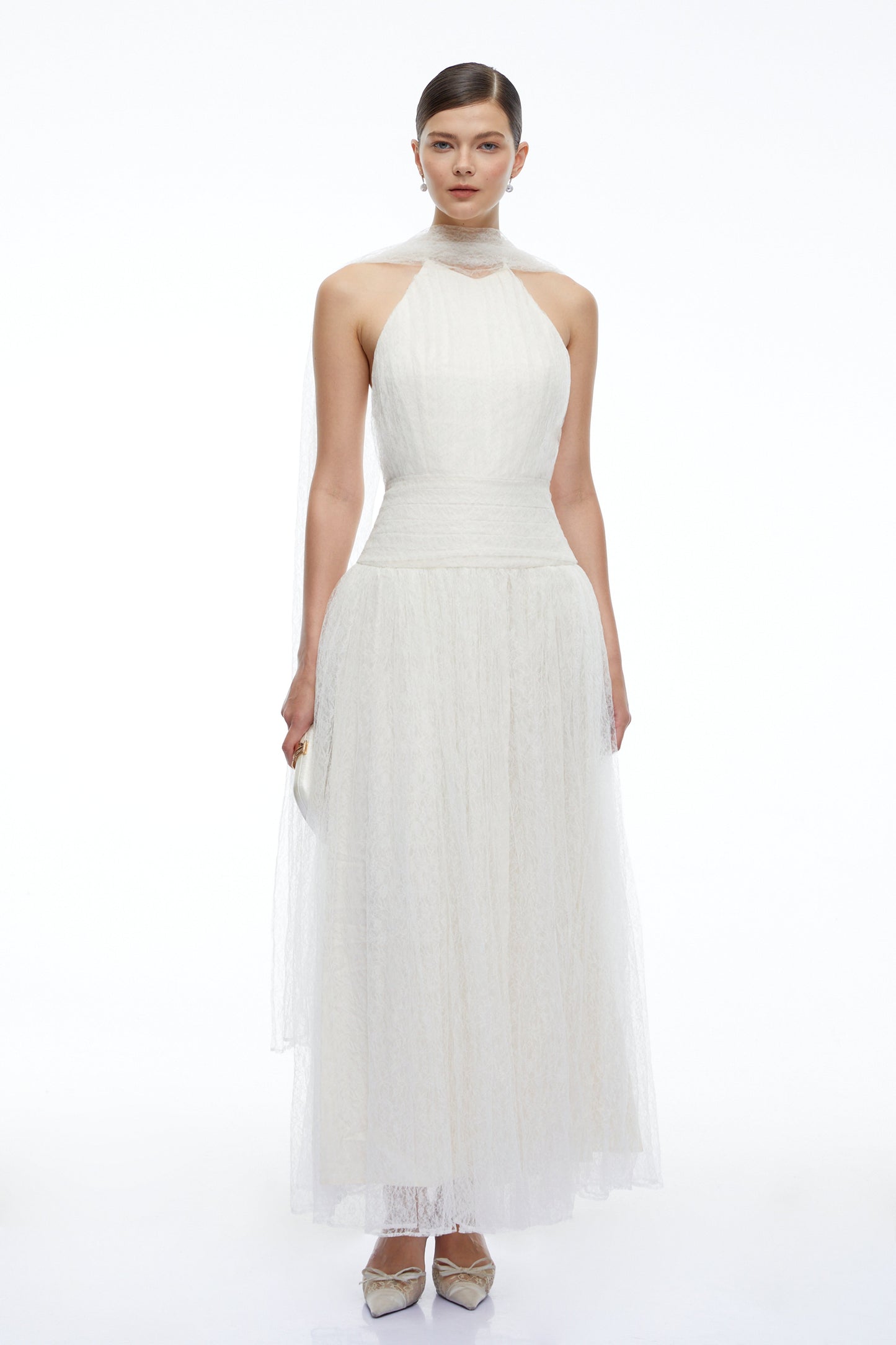 Charlotte Ivory Halterneck Lace Maxi Dress with Cape