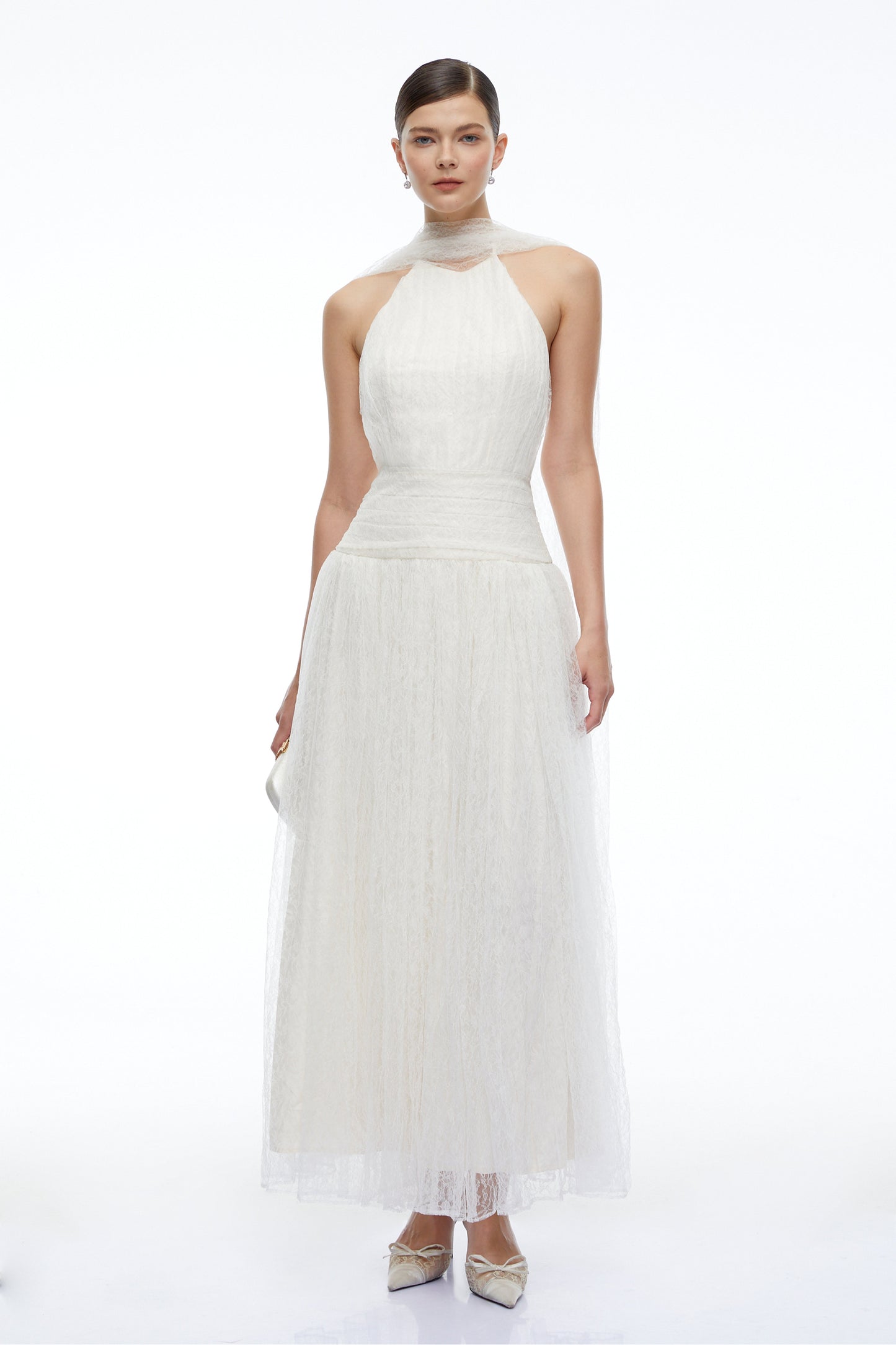 Charlotte Ivory Halterneck Lace Maxi Dress with Cape