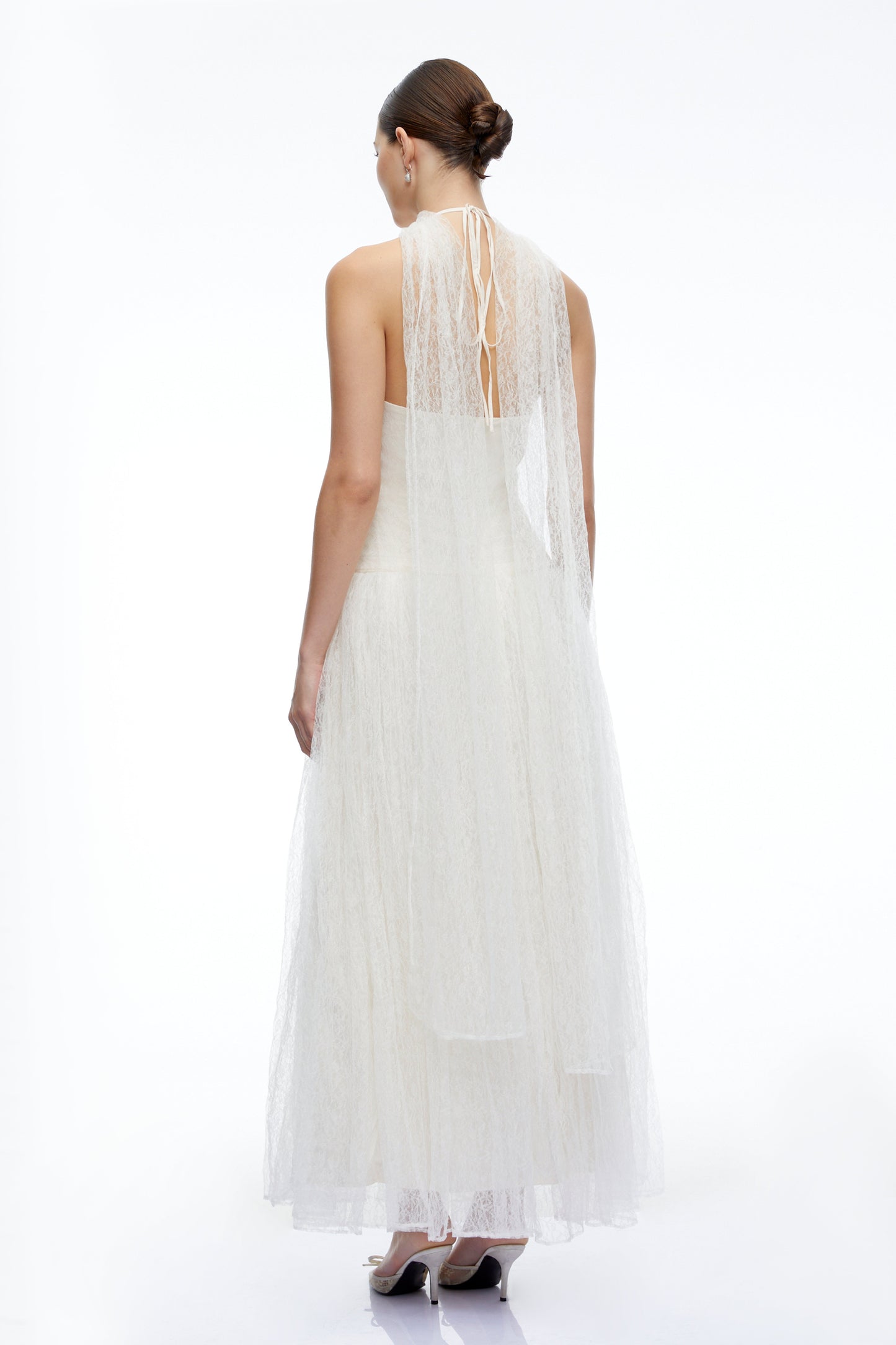 Charlotte Ivory Halterneck Lace Maxi Dress with Cape