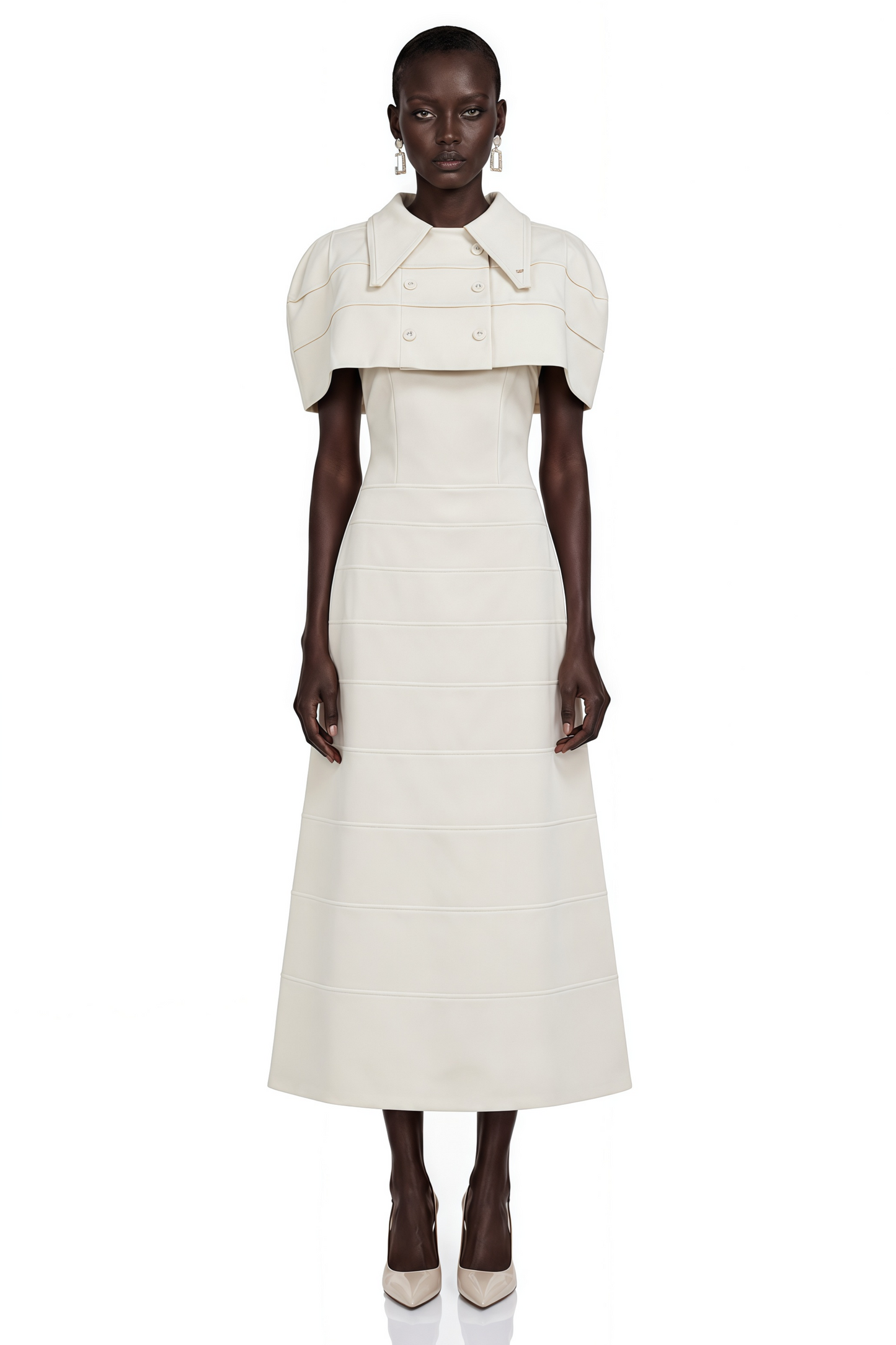 Adelaide White Midi Dress with Collared Cape