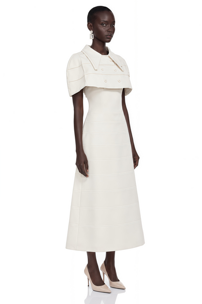 Adelaide White Midi Dress with Collared Cape