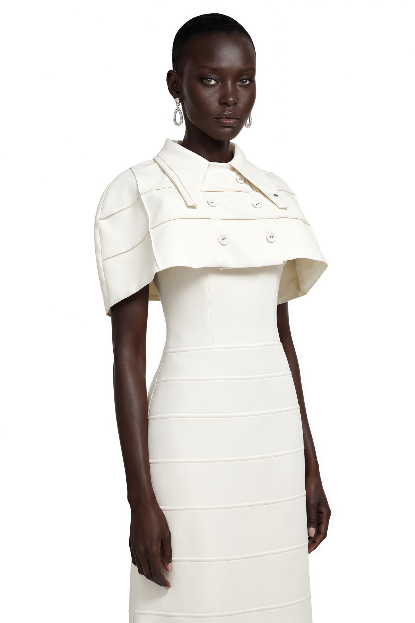 Adelaide White Midi Dress with Collared Cape