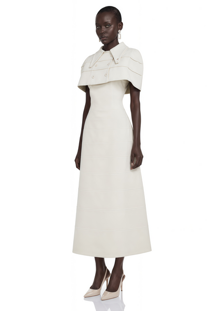 Adelaide White Midi Dress with Collared Cape