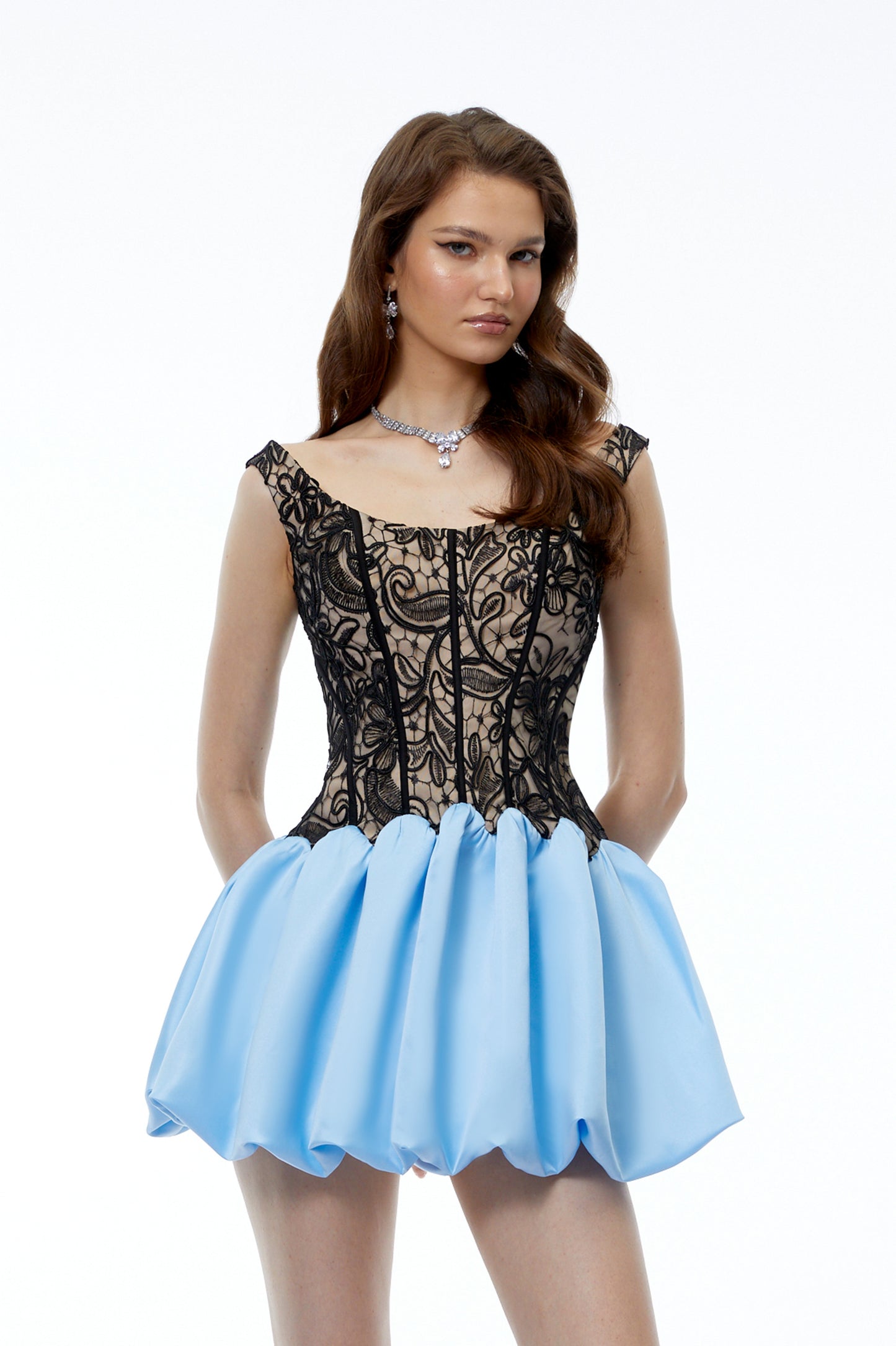 Adélia Blue Color Block Lace Panel Mini Dress