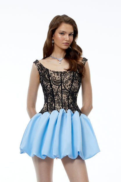 Adélia Blue Color Block Lace Panel Mini Dress