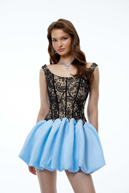 Adélia Blue Color Block Lace Panel Mini Dress