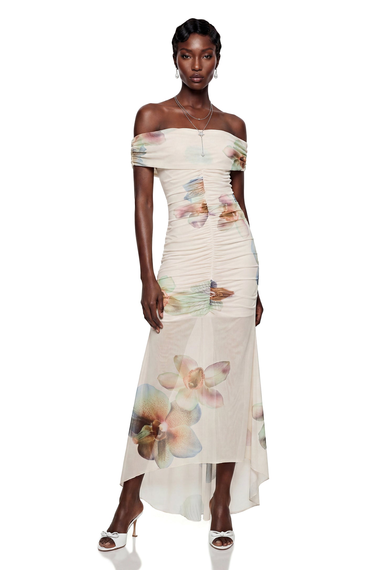 Adeline White Floral Print Off Shoulder Maxi Dress