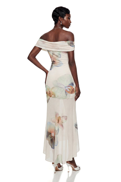 Adeline White Floral Print Off Shoulder Maxi Dress