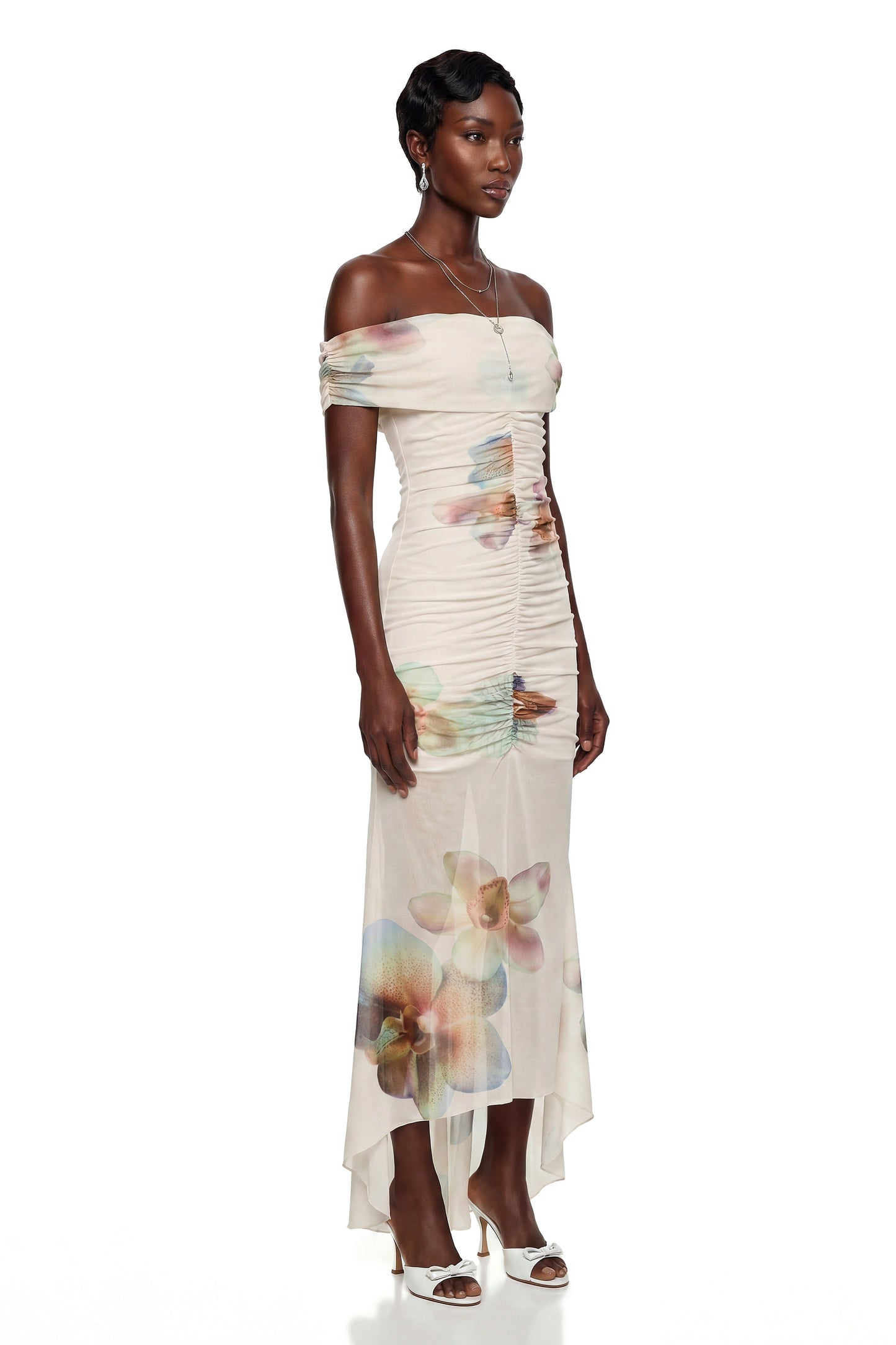 Adeline White Floral Print Off Shoulder Maxi Dress