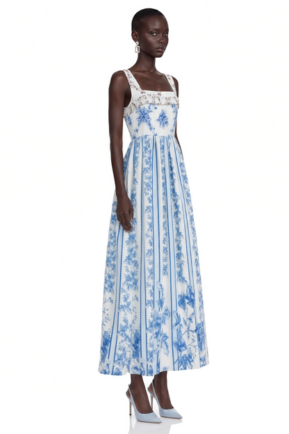 Adeliza Blue Floral Print Square Neck Midi Dress