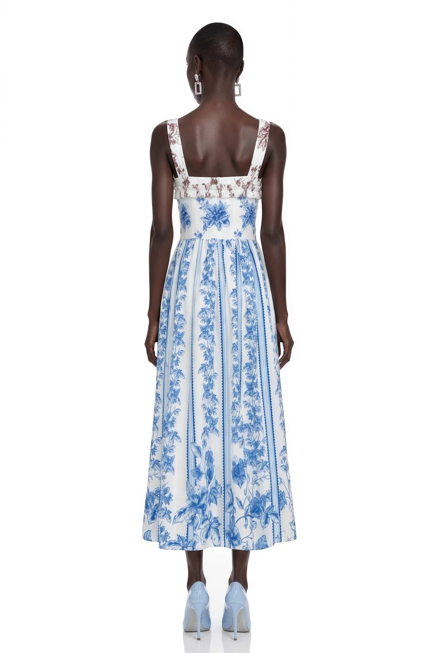 Adeliza Blue Floral Print Square Neck Midi Dress