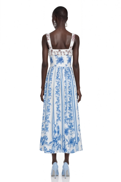 Adeliza Blue Floral Print Square Neck Midi Dress
