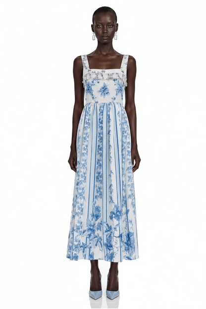 Adeliza Blue Floral Print Square Neck Midi Dress